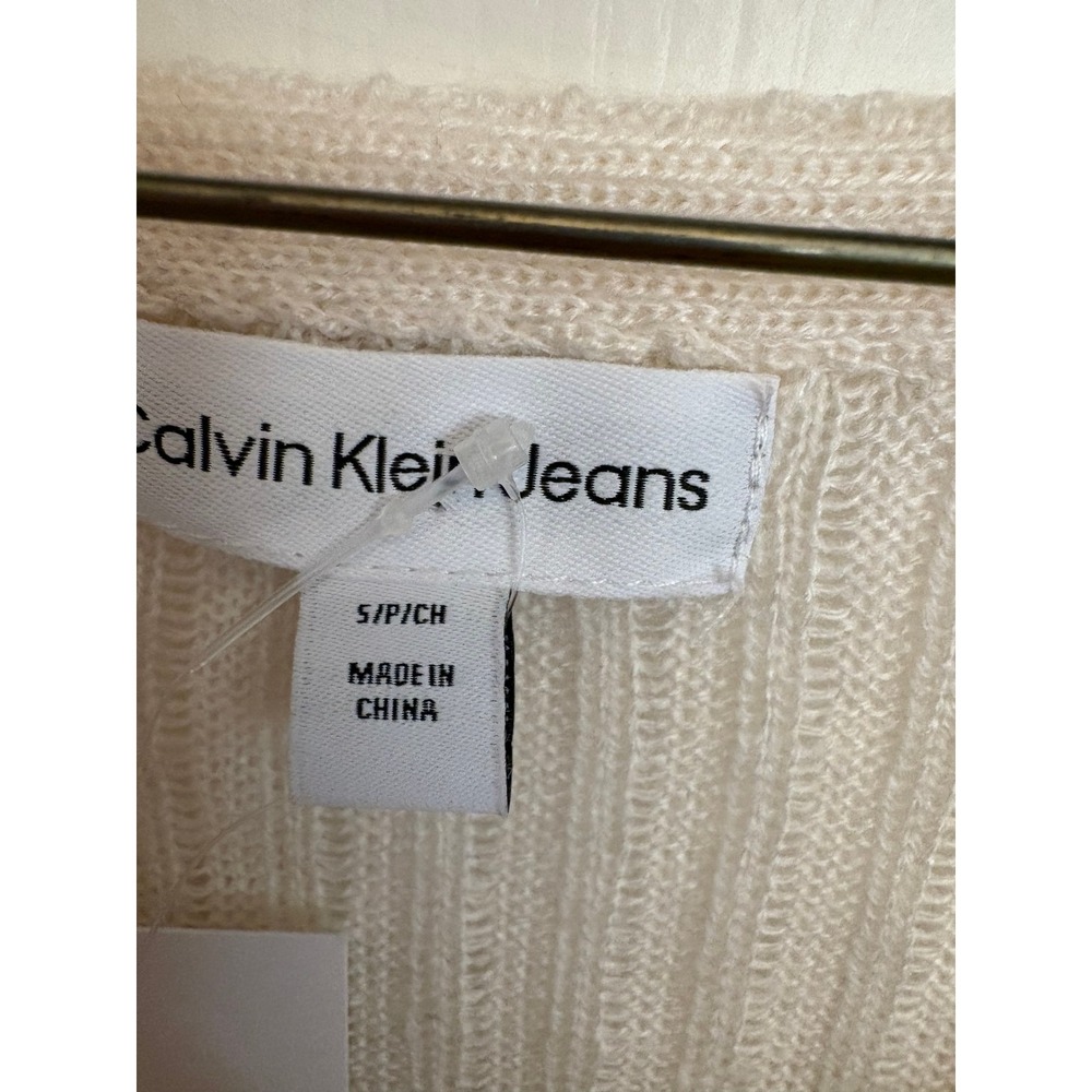 Calvin Klein Jeans Womens Ribbed V-Neck Sweater Cream Off White CK Logo NWT Smal - Picture 10 of 10